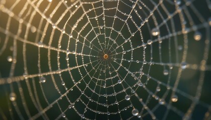 Obraz premium A detailed close-up of dewdrops on a spiderweb in the early morning light.