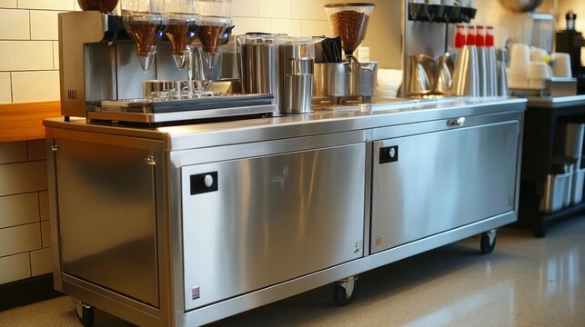 A stainless steel beverage station with coffee dispensers and storage compartments.