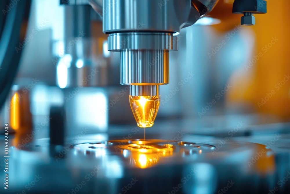 Poster A close-up view of a microscope with a bright yellow light, ideal for science and technology illustrations