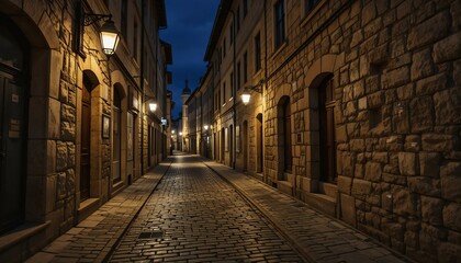 Obraz premium A historic cobblestone alleyway lined with old stone buildings, illuminated by soft lantern light.