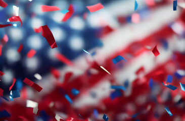 Obraz premium Independence day celebration. Presidential inauguration. Background with cropped blurry American flag and confetti. American flag for Memorial Day, 4th of July, Labour Day. American flag.