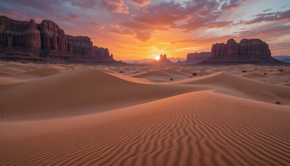 Fototapeta premium A desert landscape with towering sand dunes and ripples etched by the wind, under a vibrant sunset.