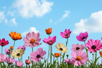 Fototapeta premium Vibrant Field of Colorful Cosmos Flowers Against a Bright Blue Sky