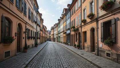 Obraz premium A quiet European cobblestone street lined with colorful buildings and flower boxes on the windowsills.