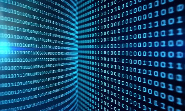 Digital matrix code zeros and ones in dark blue cyberspace