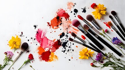 Makeup brushes and colorful powder with flowers on a white background.