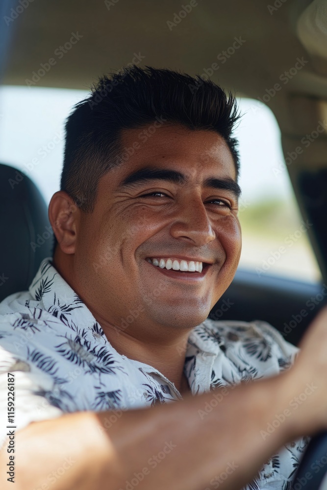 Aufkleber A person smiling while driving a car, suitable for use in advertisements or editorial content