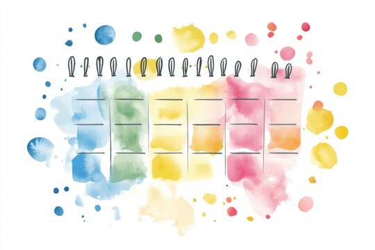 A colorful calendar with watercolor spots