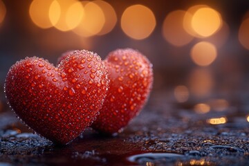 Fototapeta premium A pair of red hearts placed on a table, great for Valentine's Day or romantic celebrations