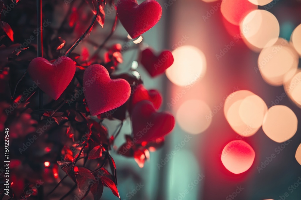 Poster a decorative display of red hearts hung from the branches of a tree, often used for romantic or fest