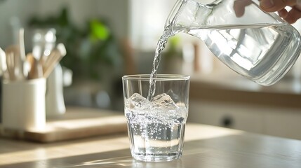 6. A transparent drinking glass being filled with water from a pouring jug in a bright kitchen