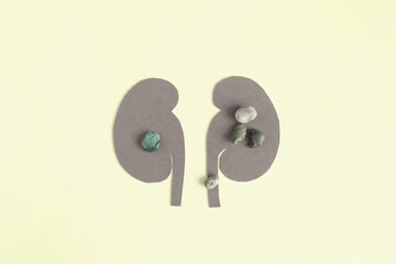 Schematic image of kidneys and stones in them in close-up on a light background. Kidney diseases