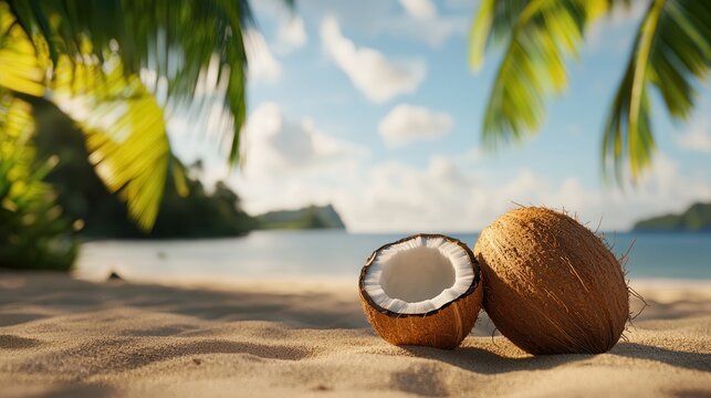 Coconut fruit boosts hydration. Coconuts on a sandy beach under palm trees and blue skies.