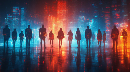 Futuristic digital silhouettes of diverse professionals against glowing neon backdrop for teamwork and corporate connection themes