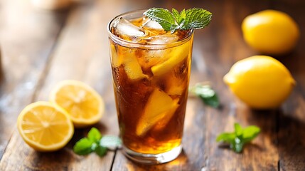 Fototapeta premium 18. A drinking glass filled with iced tea garnished with mint and lemon on a wooden surface