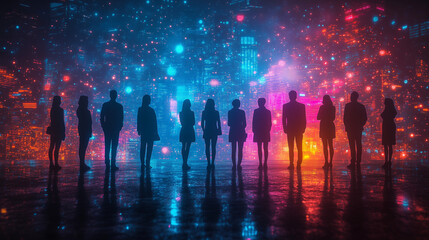 Futuristic digital silhouettes of diverse professionals against glowing neon backdrop for teamwork and corporate connection themes