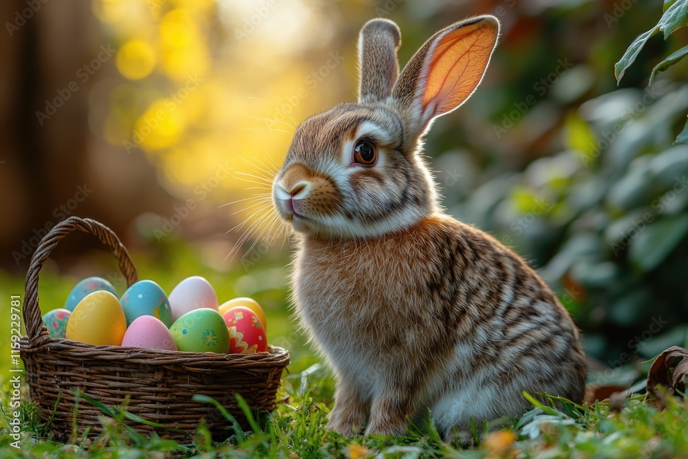 Poster a rabbit sits next to a basket of eggs in a serene environment
