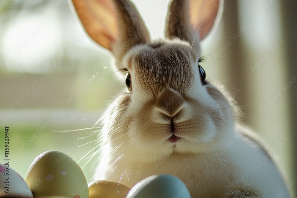 Poster a close-up view of a rabbit sitting near some eggs