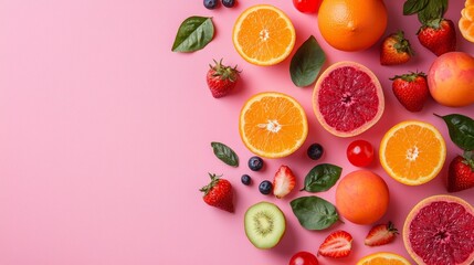 Naklejka premium Citrus fruits and strawberries on a vibrant pink background
