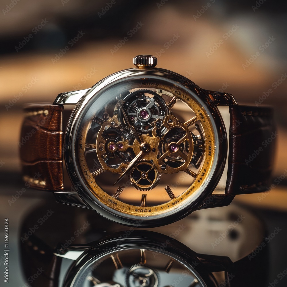Poster luxury wristwatch featuring an intricate golden frame and a smooth leather strap displayed elegantly