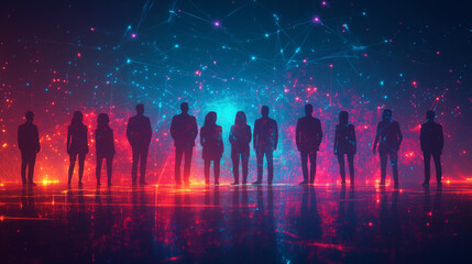 Fototapeta premium Futuristic digital silhouettes of diverse professionals against glowing neon backdrop for teamwork and corporate connection themes