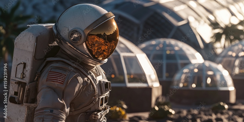 Poster astronaut standing outside a structure, possibly a spaceship or research station