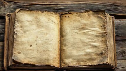 Old open book resting on a wooden surface reveals empty pages and aged paper