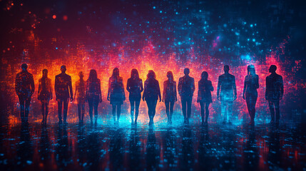 Futuristic digital silhouettes of diverse professionals against glowing neon backdrop for teamwork and corporate connection themes