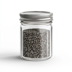 A small jar of chia seeds, vegan pantry staple, clean and simple aesthetic, isolated on white background