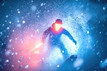 A person rides a snowboard down a snowy mountain trail