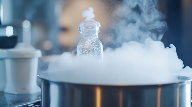 22. A baby bottle being sterilized in boiling water with steam rising from the pot