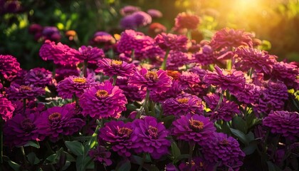 background of fresh dark purple zinnias with sunlight filtering through