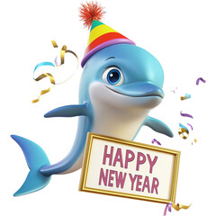Cheerful 3D cartoon dolphin celebrating New Year with festive hat and sign