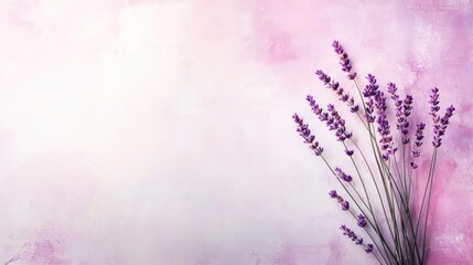 Obraz premium Lavender floral abstract background concept. Lavender stems against a soft pink background, creating a calming and serene atmosphere.