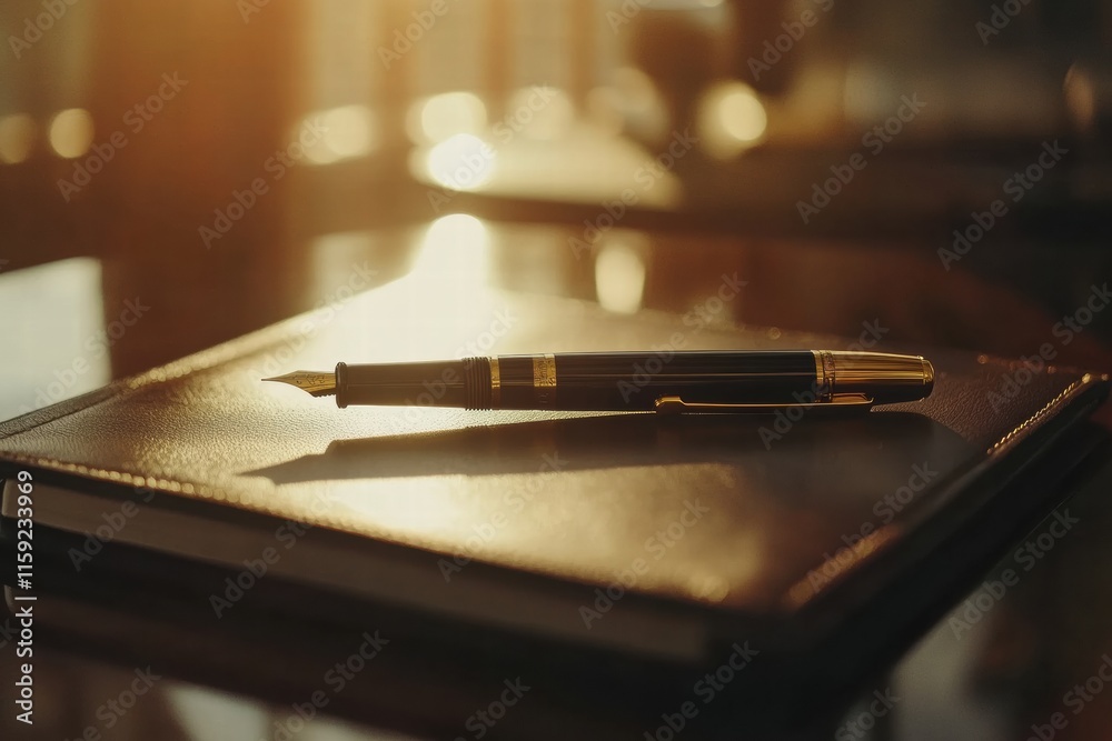 Aufkleber luxury fountain pen with gold accents resting on a notebook in a warm lit study setting during late 