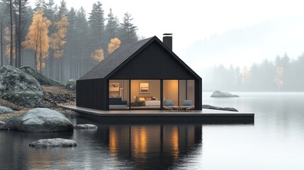 Fototapeta premium Modern black house by a serene lake surrounded by autumn trees.