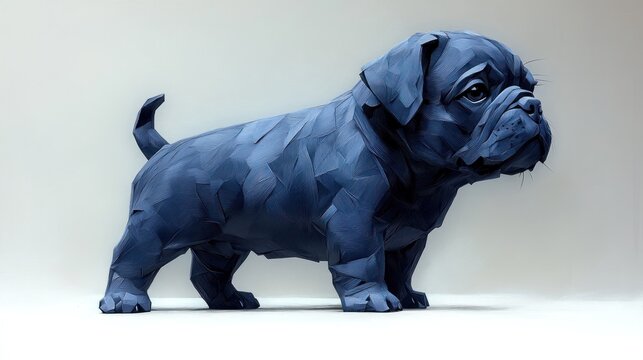 Low-poly rendering of a blue pug puppy standing.