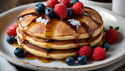 Stack of pancakes decorated with raspberries, blueberries and honey, close-up