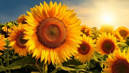 background of fresh sunflowers with sunlight filtering through