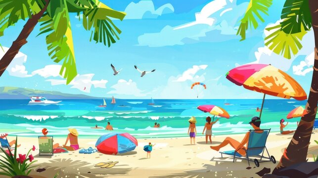 A joyful scene of beach vacation, with colorful umbrellas and families enjoying the shore,