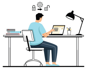 A man sitting at a desk, working on a laptop, with icons representing data security and technology. Vector Art & Illustration