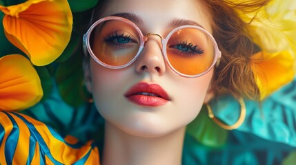 Fototapeta premium Close-up portrait of a woman with vibrant makeup and floral background