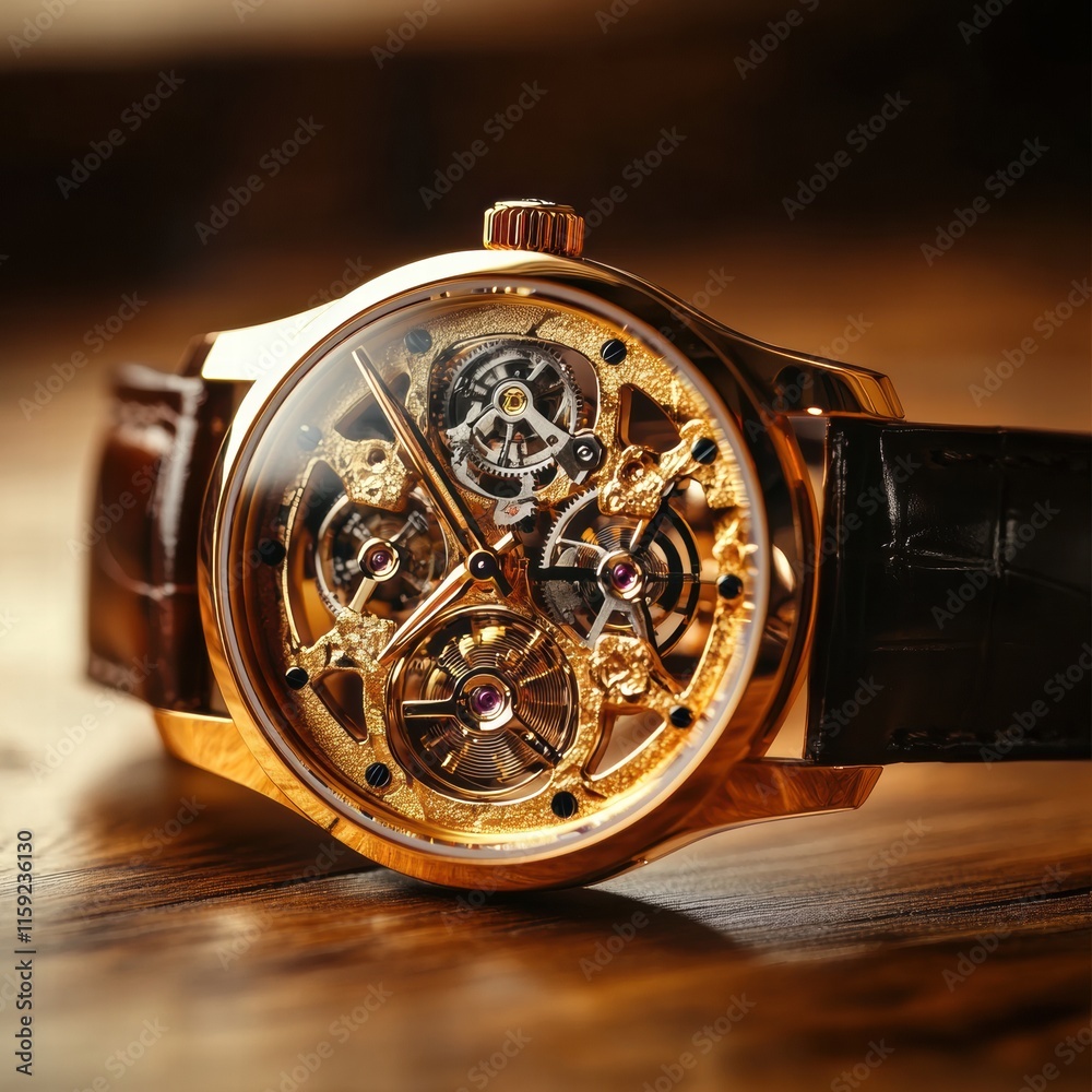 Poster luxury wristwatch featuring a golden frame and intricate craftsmanship showcased on a wooden surface
