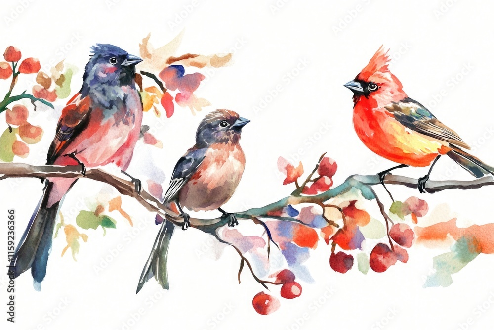 Poster three birds perched on a tree branch