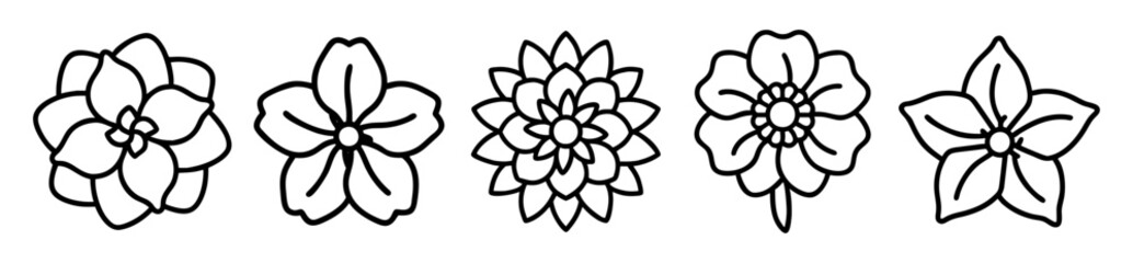 Minimalist Flower Icon Set in Line Art - A collection of minimalist line art flower icons featuring various floral designs with intricate yet simple outlines.

