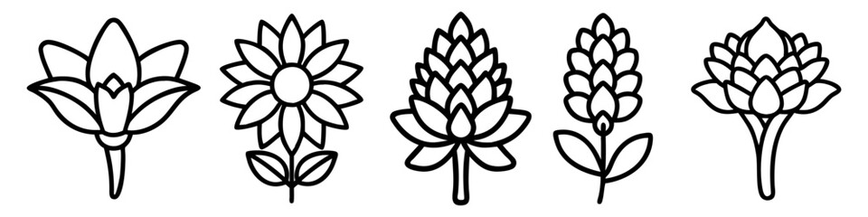 Minimalist Flower Icon Set in Line Art - A collection of minimalist line art flower icons featuring various floral designs with intricate yet simple outlines.

