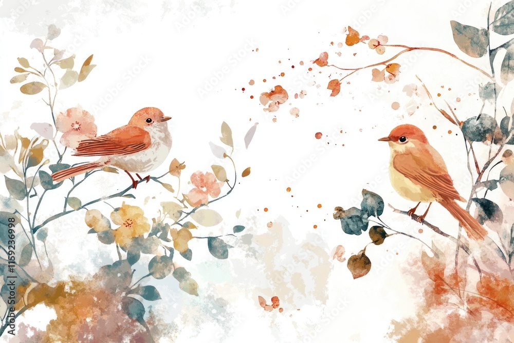 Poster a pair of birds resting on a tree branch, surrounded by foliage