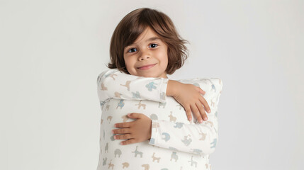 Boy in pajamas hugs a pillow on a white background. Products for children's bedroom. Sweet dreams.