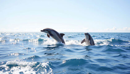 Dolphins jumping over ocean waves