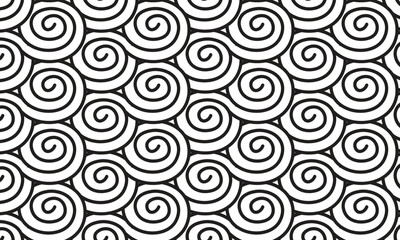 Swirl Pattern Background: Abstract Black and White Design. The image displays a seamless pattern of black spiral shapes on a white background.